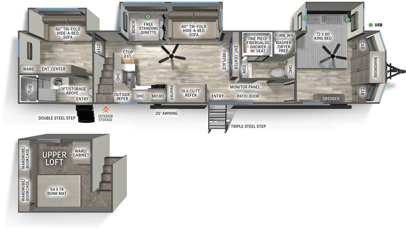 The Sierra Destination 400BH floorplan has two entries and three slide outs. Exterior features include: fiberglass exterior and 20' awning. Interiors features include: loft, free-standing dinette option, front bedroom and two full bathrooms.